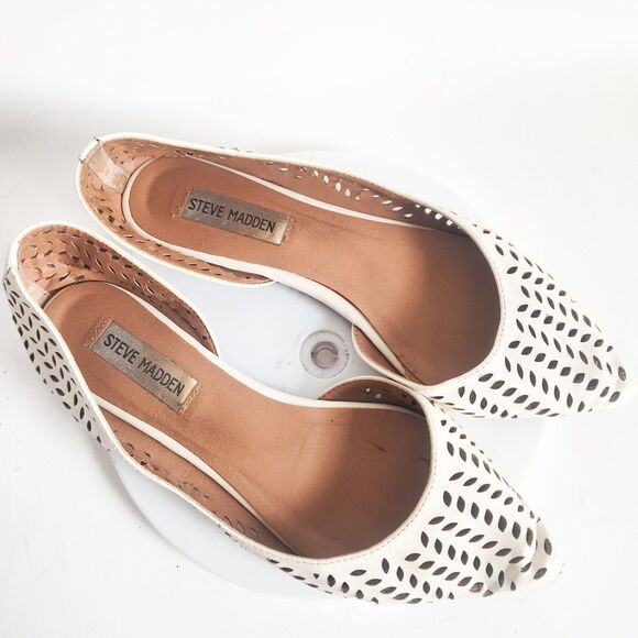 Steve Madden Flats Size 8 Leather Cream Slip On Preppy Laser Cutouts Pointy Toe - Picture 10 of 10